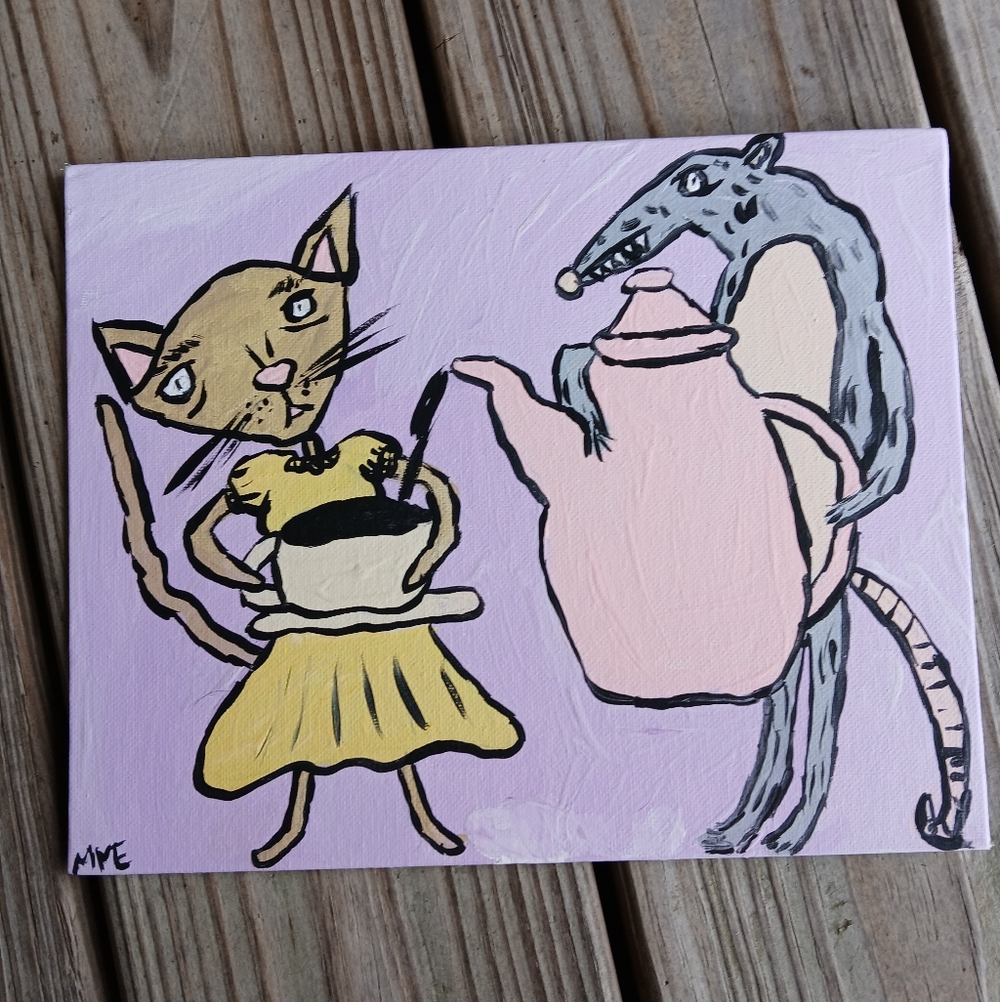 Tea Party Cat And Posdum Painting Folk Art Whimsy